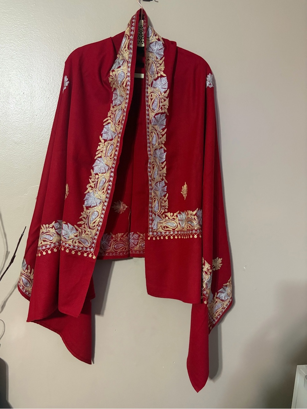 Kashmiri Tilla Embroidered Red Wool Shawl For Women Made in India.